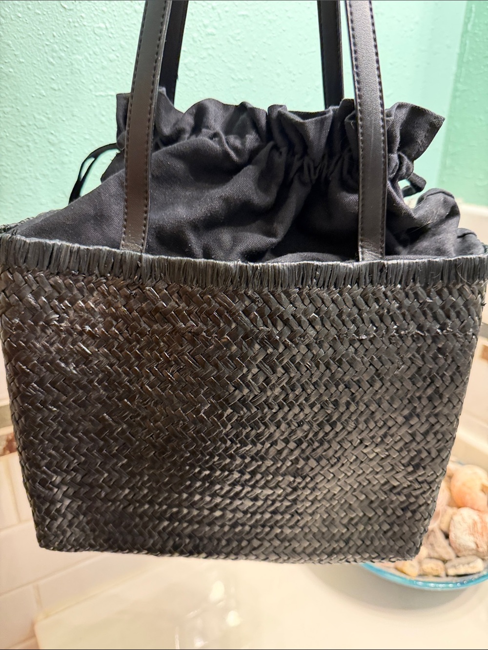 Black Woven Zebra Tote with Embroidered Safari Motif - Picture 2 of 6
